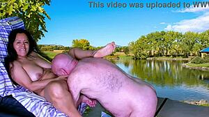 Watch this preview of outdoor sex barbeque with agarabas and olpr! They lick gaping pussy and creampie in public with big natural tits.