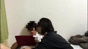 Black-haired short-haired girlfriend asks during work if she can lick it, leading to intriguing japanese moment