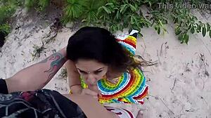Hidden blowjob in dunes with small tits babe and tight pussy creampie finish.
