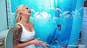 i feel so turned on gagging on that big cock under the shower with petite blonde lingerie spanking