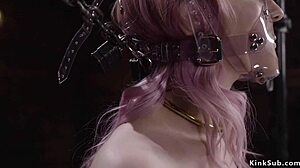 Alt pale slave gets her ass whipped harshly in the dark dungeon with bound restraints