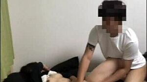 Black-haired short-haired girlfriend asks during work if she can lick it, leading to intriguing japanese moment