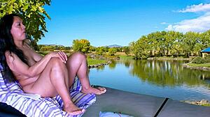 Watch this preview of outdoor sex barbeque with agarabas and olpr! They lick gaping pussy and creampie in public with big natural tits.