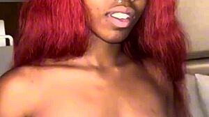 Skinny redhead ebony babe contrasts with mature black roommate while riding huge big black cock in dorm pantyhose