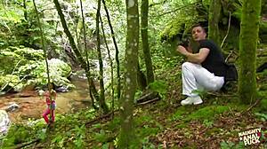Guy meets sexy brunette in forest for outdoor anal sex