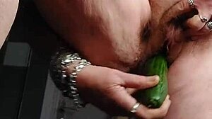 Oma rams hairy pussy with cucumber