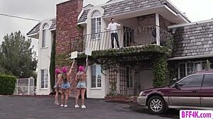 these three petite busty teens start with blowjobs and handjobs on the big cock politician in a wild 4some. they lick wet pussies in 69 while riding cowgirl until orgasms hit.