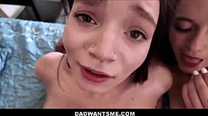 Skinny teen 18+ stepdaughter catches cute petite 18+ bff with big dick stepdad then joins for family threesome pov!