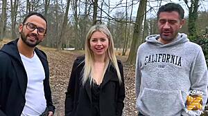 georgia with her dream body subtly enjoys an encounter with two guys in a suggestive outdoor setting