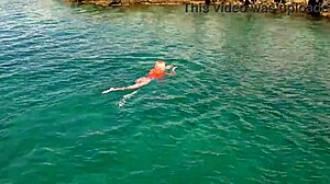 Blue Water And A Naked Girl With Shaved Pussy Wet Skinny Tits In Outdoor Public Flashing