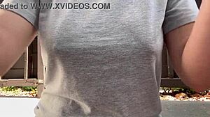 Horny Italian milf with big tits and nipples smokes outdoors in fetish close-up