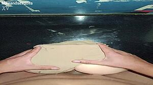 Quick anal fuck with candy in beige panties on desk. Homemade creampie drips from gaping asshole.