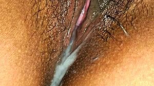 Latina milf shows up close wet pussy with panties aside hairy beaver tight hole and creamy ending after missionary pounding
