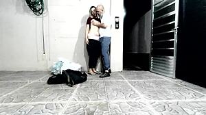 Blonde mature teacher licks pussy behind school