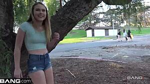 Alyssa Cole flashes her tits in the park during a public outdoor group adventure
