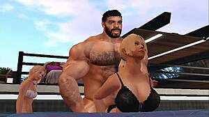 no resisting a man as fine and handsome as cam heyward in blonde group threesome with cum