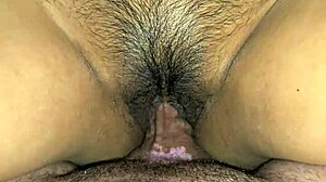 Latina milf shows up close wet pussy with panties aside hairy beaver tight hole and creamy ending after missionary pounding