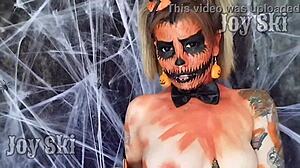 Pumpkin fucking chance for Halloween with pierced tattooed Brazilian babe and swollen pussy lips