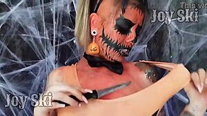 Pumpkin fucking chance for Halloween with pierced tattooed Brazilian babe and swollen pussy lips