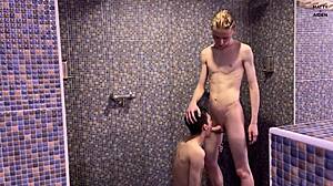 Twinks Boldly Suck Massive Dicks in Crowded Public Gym Shower Before Intense Bedroom Action.