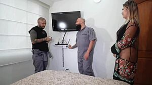 two technicians end up fucking this colombian whore after home visit, she rides their big cocks in doggystyle and missionary