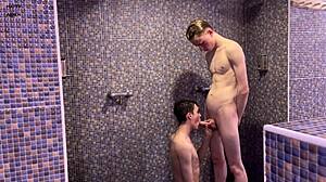 Twinks Boldly Suck Massive Dicks in Crowded Public Gym Shower Before Intense Bedroom Action.