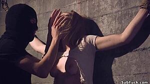 Brunette slave bound in painful bondage after blind date!