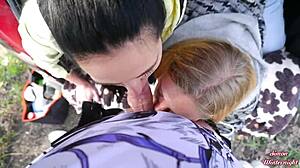 Brunette And Blonde Teens Give Double Blowjob With Cum Swapping In Car Trunk During Outdoor Forest Adventure