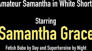 Bondage babe Samantha Grace pleasures her pink pussy with vibrator on bed