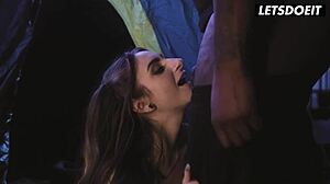 Sweet Lesbian Chicks Get Dirty Anal Action With BBC In The Tent Alongside Horny Roommate Drilling