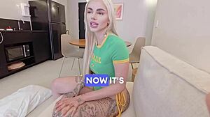 Busty Latina squirts hard in POV interview while petite 18+ gostosa deepthroats and rides cowgirl