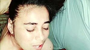 Latina milf sucks cock and gets fucked doggystyle with cumshot in mouth homemade