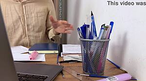 horny female boss pulls down pantyhose makes employee lick her wet pussy in office