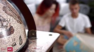 Leya Joy flame-haired skinny teen 18+ riding doggystyle bent over for creampie in shaved pussy