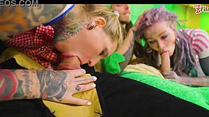 Alternative sluts in costumes take double penetration with facefucking and facial cumshots in rough 4-some