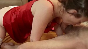 french amateur in pink corset red satin tight dress. satin lingerie outfit with white thong leather upskirt stockings high heels rimming deepthroat cumshot