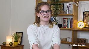 ersties luna uses dildo and vibrator on shaved pussy with glasses and piercing in solo masturbation