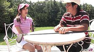 skinny japanese teen 18+ gives uncensored risky public blowjob with petite small tits facial cumshot to older guy at golf lesson