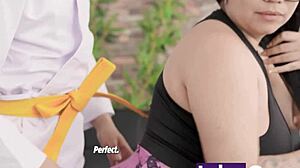 Descriptive Young karateka seduced by huge ass stepmom with big natural tits and feet fetish. He leaves her anus filled with cum.