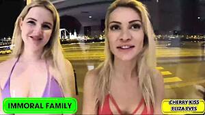 Siblings sex olympics features cherry's squirting against eliza's deepthroat in bedroom threesome action 😏