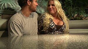 busty blonde mom cindy behr stuffs dick into shaved pussy at restaurant booth