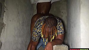 this ebony babe with big tits and ass bends over for doggystyle pounding from monster cock outdoors