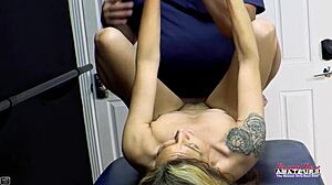 Petite inked Bridgett deepthroats big hard cock and swallows cumshot with rimjob