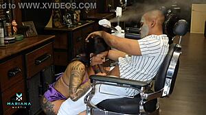 Sexy Ebony Colombian Girl Mariana Martix Fucks Client Brandon Cruz at Barbershop with Blowjob and Cowgirl Riding