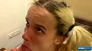 Blonde babe with pigtails spread legs wide as her lover licked pussy before rough doggystyle pounding.