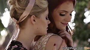 hey, check this sensual blonde licking her redhead friend's hairy pussy outdoors 😏