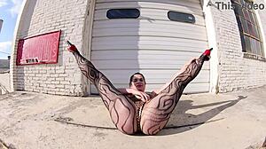 She struts in thong bodysuit along the docks, flashing her big ass outdoors