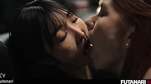 Asian futa ladyboy fucks redhead with creampie and shemale cumshots