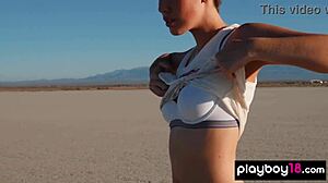 big boobed all natural naked beauty willa prescott posing in desert with striptease and shaved pussy outdoor