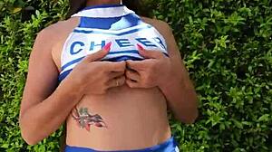 Super Sexy Naked Cheerleader Flashing For You With Natural Tits And Cute Striptease In Public Outdoor Dancing